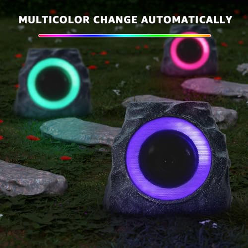 uuffoo 2-Pack Solar Powered Rock Speakers Outdoor Water-Resistant IP44 Rock Speaker with Lights RGB Colors and USB Charging for Patio Pool Party Yard Garden Outside
