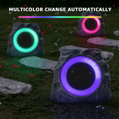 uuffoo 2-Pack Solar Powered Rock Speakers Outdoor Water-Resistant IP44 Rock Speaker with Lights RGB Colors and USB Charging for Patio Pool Party Yard Garden Outside
