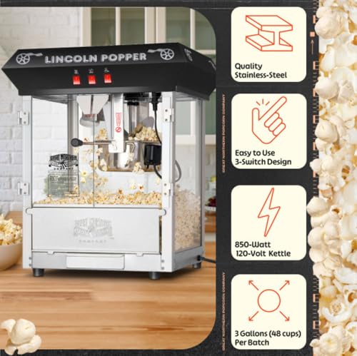 Lincoln Popcorn Machine - 8oz Popper with Stainless-Steel Kettle, Reject Kernel Tray, Warming Light and Accessories by Great Northern Popcorn (Black)