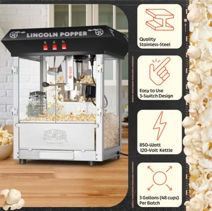Lincoln Popcorn Machine - 8oz Popper with Stainless-Steel Kettle, Reject Kernel Tray, Warming Light and Accessories by Great Northern Popcorn (Black)