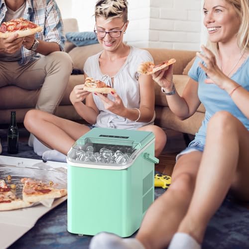 KMFurnila Ice Makers Countertop, Portable Ice Machine with Handle, 6 Mins 9 Bullet Cubes with Basket and Scoop, 26lbs in 24Hrs, Auto-Cleaning, for Home, Kitchen, RV, Camping, Green