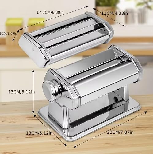 Manual Pasta Maker Machine, 2 in 1 Noodle Maker with Rollers and Cutter, 7 Adjustable Thickness Settings, Perfect for Spaghetti, Fettuccini, Lasagna or Dumpling Skin Silver