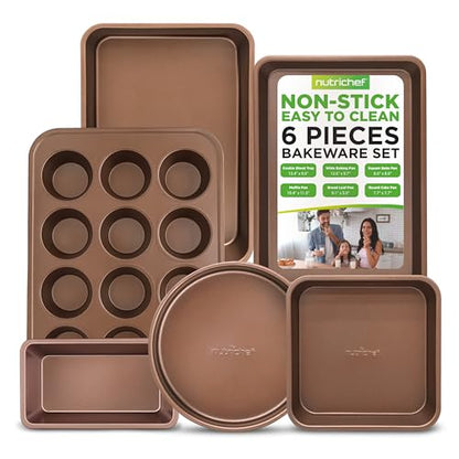 NutriChef 6-Piece Nonstick Bakeware Set, Carbon Steel Baking Pans Set, Includes Cookie Sheets, Wide & Square Bake Pans, Bread Loaf & Round Cake Pan, Muffin Pan - Gold