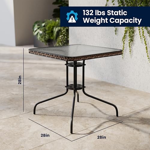 Flash Furniture Lila 3-Piece 28" Square Indoor/Outdoor Patio Table and Chairs Set, Glass Metal Bistro Table and 2 Stacking Rattan Chairs, Brown