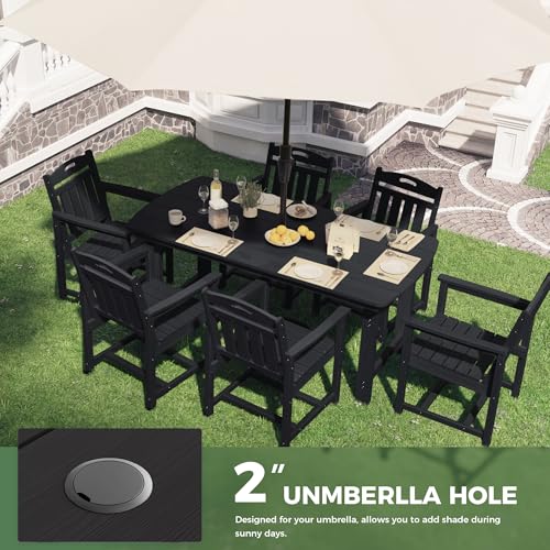 SUUNYN HDPE Outdoor Dining Set, Patio Table and Chairs Set, All-Weather 7-Piece Outside Table and 6 Chairs, 2" Umbrella Hole, Outdoor Furniture for Garden, Poolside, Backyard, Deck | Black