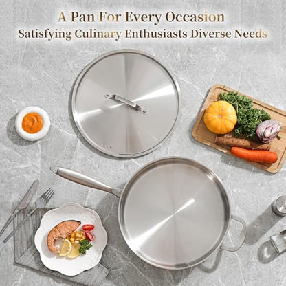 DELARLO 7QT Saute Pan Jumbo Cooker 5 Ply Stainless Steel Pan, 12Inch Deep Frying Pan with Steel cover, Kitchen Large Skillet,Heavy Duty Style Compatible With All Cooktops Up to 650℉