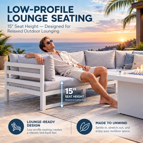 NICESOUL 7 Piece White Powder-Coated Aluminum Patio Furniture with Fire Pit Table, 29 Inch Extra Wide Outdoor Sectional Sofa for 6, High-End Heavy Duty L-Shaped Large Couch for Backyard, Light Gray