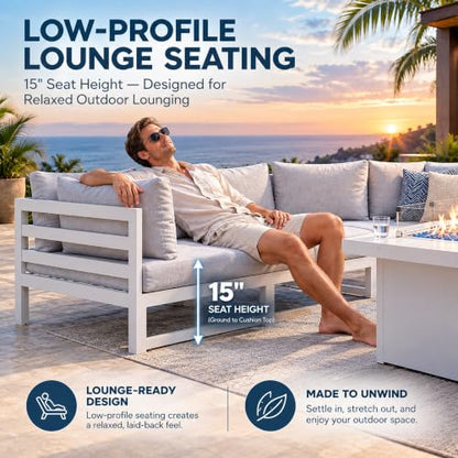 NICESOUL 7 Piece White Powder-Coated Aluminum Patio Furniture with Fire Pit Table, 29 Inch Extra Wide Outdoor Sectional Sofa for 6, High-End Heavy Duty L-Shaped Large Couch for Backyard, Light Gray