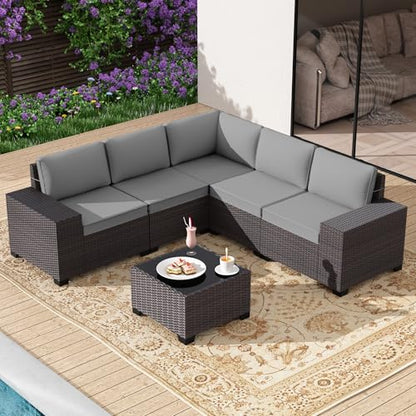 Gotland 6 Pieces Patio Furniture Set with 1 Coffee Table, 5 Seater Rattan Outdoor Sectional with Wide Armrests 29.5'' High Backrest Thick Waterproof Cushions, Conversation Sets for Deck Garden Gray