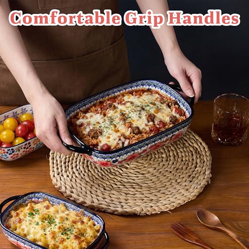 TAUFIKT Ceramic Casserole Dishes for Oven, Hand-painted Polish Pottery Baking Dish Set of 2, 0.8QT / 2QT Porcelain Casserole Dishes with Handles, Baking Pan Lasagna Pan, Gift for Family/Friend (Red)