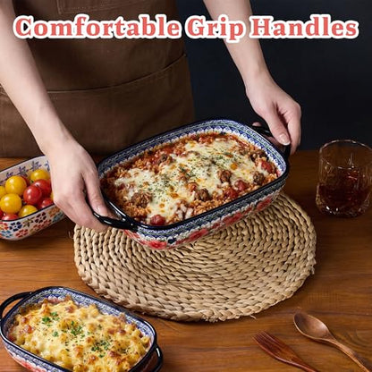 TAUFIKT Ceramic Casserole Dishes for Oven, Hand-painted Polish Pottery Baking Dish Set of 2, 0.8QT / 2QT Porcelain Casserole Dishes with Handles, Baking Pan Lasagna Pan, Gift for Family/Friend (Red)