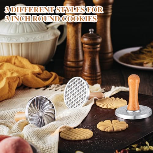 Wenqik 3 Pcs Cookie Stamps Round Metal Cookie Press Cutter Mold with Wooden Handle Baking Embossing Stamp Mold Stamper Decorating Supplies for DIY Biscuit Cakes Pastries Christmas Gift (Cute)
