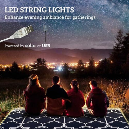 Outsunny Reversible Outdoor Rug Carpet with LED Lights, 12' x 9' PP Straw Rug, Portable RV Camping Mat with Carry Bag and Ground Stakes for Backyard, Deck, Picnic, Beach, Dark Blue and White