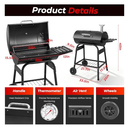 Outvita Barrel BBQ Charcoal Grill with Warming Rack & Dual Prep Table Black