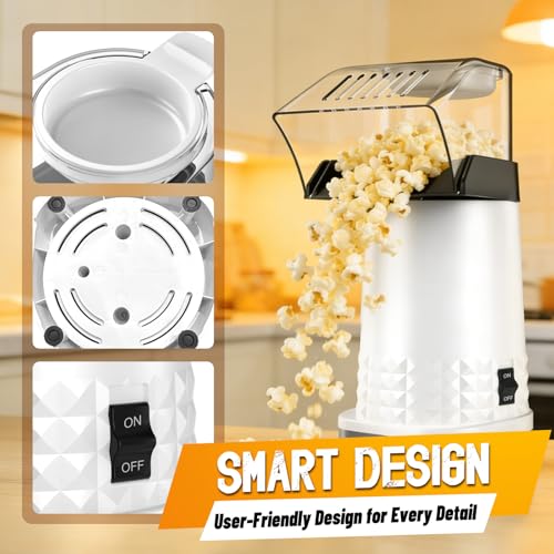 1200W Hot Air Popcorn Popper ETL Certified – Oil-Free Healthy Popcorn Maker Machine with 4.5 Quart Large Capacity, 2-Minute Fast Electric Popcorn Machine for Movie Night, Party, Snack（White）