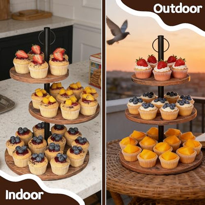 LZelriy Cupcake Stand, 2 Pack Rustic Wood Cake Stand, 3 Tier Cupcake Tower Round Tiered Tray Stand for Dessert Table Display, Industrial Wooden Serving Stand Wedding, Graduation and Baby Shower