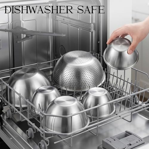 DUTZUN Heavy-Duty Stainless Steel Mixing Bowls Set of 5 plus 3QT Colander, Nesting Kitchen Metal Bowl for Baking Prep Salads Serving Cooking, Non-Toxic & Dishwasher Safe — 4.0 to 0.8 QT