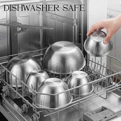 DUTZUN Heavy-Duty Stainless Steel Mixing Bowls Set of 5 plus 3QT Colander, Nesting Kitchen Metal Bowl for Baking Prep Salads Serving Cooking, Non-Toxic & Dishwasher Safe — 4.0 to 0.8 QT
