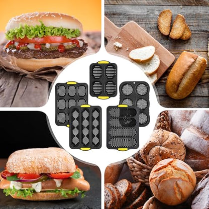 Reallnaive 8 Pcs Silicone Baguette Hamburger Bun Baking Pan Set 4 6 9 Cup French Bun Mold 3 Cup Nonstick Baguette Bread Pan with Tool for Homemade Bread Loaf Sandwich Microwave