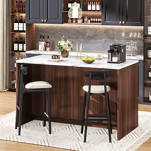 Kitchen Island with Storage, 47.2" Large Faux Marble Countertop Kitchen Island with 2 Drawers and Adjustable Shelves, Coffee Bar Station, Beveled Edge Door Cabinet, Dining Table for 2-4 People, Walnut