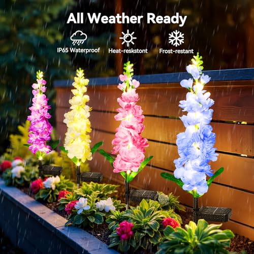 KOOPER Solar Lights Outdoor Garden Decor, 4 Pack Upgraded Delphinium Solar Garden Lights with 36 LEDs, Vivid Flowers Outdoor Waterproof for Landscape Patio Yard Decor