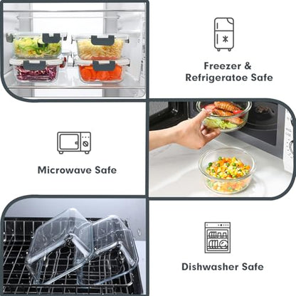 VERONES 30 Pieces Glass Meal Prep Containers Set, Stackable Glass Food Storage Containers with Lids-Airtight Lunch Containers，for Microwave, Oven, Freezer & Dishwasher,Grey
