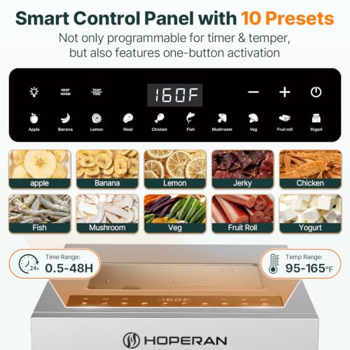 HOPERAN 14-Tray Food Dehydrator with 10 Presets, Stainless Steel, 840W