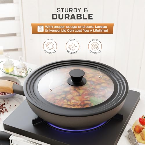 LSR Loreso Universal Pan Lid for Pots Pans and Skillets 12-15 Inch - Tempered Glass Pot Lid with Auto-Sizing Silicone Rim - Black