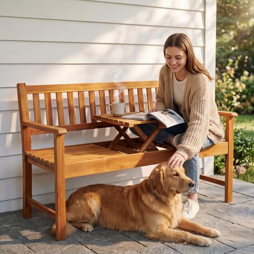 Devoko Outdoor Bench, 2-Person Garden Bench, Patio Wood Bench Outdoor Loveseat with Pull-Out Center Table for Backyard, Balcony and Patio and Garden (Log Color)