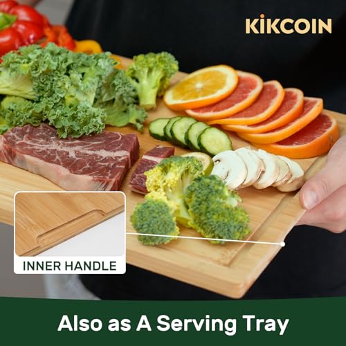 Kikcoin 20”×14” Bamboo Cutting Boards for Kitchen, Wooden Healthy Cutting Boards for Charcuterie, Vegetables, Cheese, Bread, Extra Large Chopping Boards with Deep Juice Groove and Handle, Natural