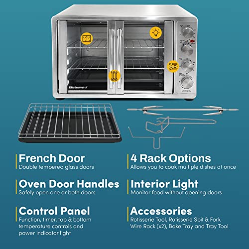 Elite Gourmet ETO4510MX French Door 47.5Qt, 18-Slice Convection Oven 4-Control Knobs, Bake Broil Toast Rotisserie Keep Warm, Includes 2 x 14" Pizza Racks, Stainless Steel