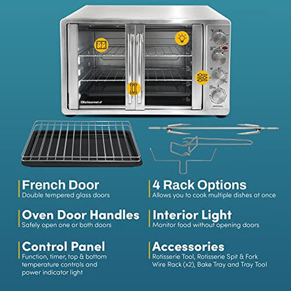 Elite Gourmet ETO4510MX French Door 47.5Qt, 18-Slice Convection Oven 4-Control Knobs, Bake Broil Toast Rotisserie Keep Warm, Includes 2 x 14" Pizza Racks, Stainless Steel