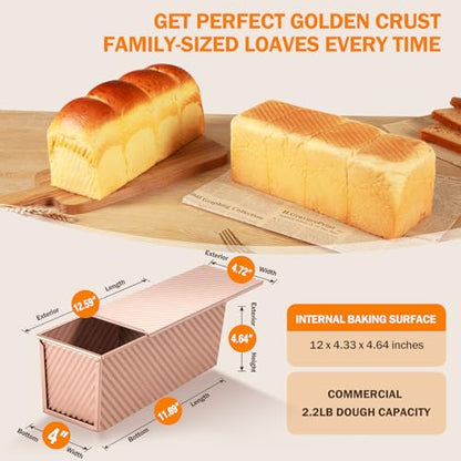Gicyiit Pullman Loaf Pan with Lid, 13x4 inch, Premium 2.2LB Nonstick Sandwich Bread Loaf Pan for Homemade Sourdough Bread, Heavy Duty Carbon Steel Corrugated Toast Box with Cover for Baking, Bakeware