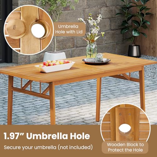Tangkula 7 Pieces Patio Acacia Wood Dining Set, Outdoor Heavy Duty Rectangular Table with 1.97” Umbrella Hole and 6 Cushioned Chairs, for Deck, Garden and Backyard