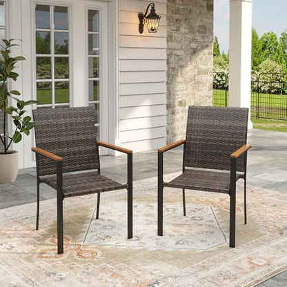 VICLLAX Round Patio Table and Chairs, 11 Pieces Outdoor Dining Set of Metal Patio Table with Storage Shelf and 10 Wicker Patio Stackable Chairs for Porch Yard Garden, Walnut Tabletop