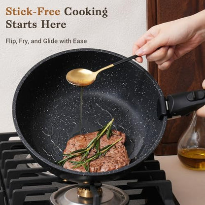 SODAY 15Pcs Pots and Pans Set Non Stick, Cookware Sets with Detachable Handle, Nonstick RV Kitchen Cooking Tools Removable Handles, Oven Safe, Induction Fast, Stackable Induction Cookware,Black