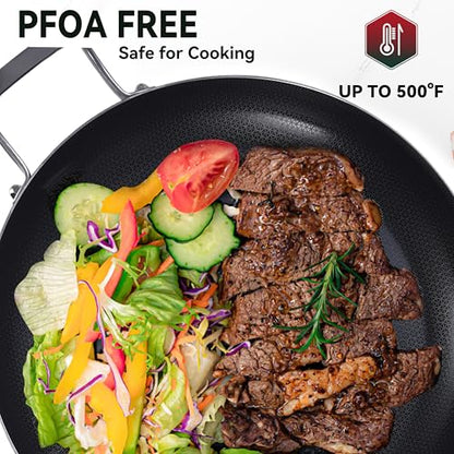 Bzayeat 13-Inch Nonstick Hybrid Frying Pan with Lid, Ceramic Coated Tri-Ply Stainless Steel Induction Chef's Pan, Large Skillet, PFOA Free, Oven & Dishwasher Safe for All Stoves, Detachable Handle
