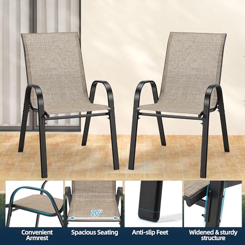 HOMREST 5 Piece Outdoor Patio Dining Table Set of 4,48" Round Metal Table with 4 Stackable Patio Chairs,All-Weather Patio Furniture Set with Umbrella Hole & Storage Shelf for Outside, Brown