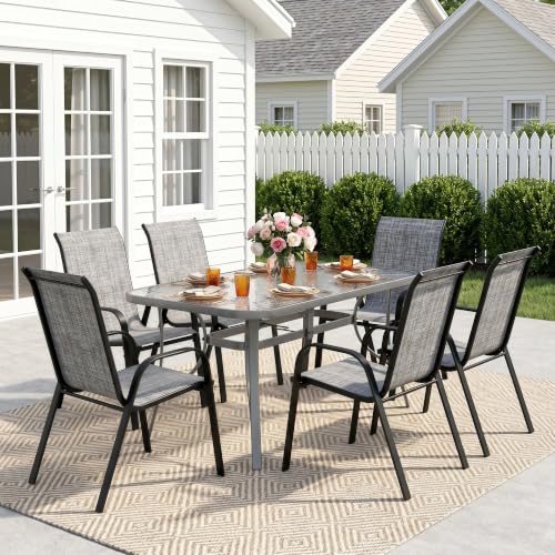 MAMIZO 7 Pieces Patio Dining Set for 6, Glass Table and Textilene Chairs