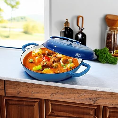 Enameled Cast Iron Dutch Oven Braiser, 3.8 Quart Enamel Skillet Pot with Lid - Heavy Duty and Dual Handles, Oven Safe Frying Pan for Family or Friends Gifts, Blue