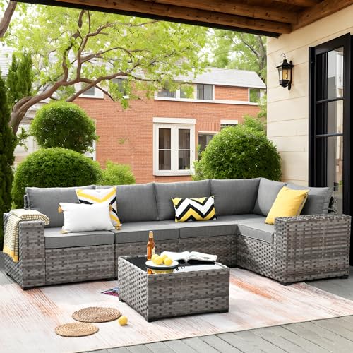 ovios 6 Pieces Patio Furniture Set, Outdoor Wicker Sectional Sofa with Coffee Table Comfy Cushions, Modern Modular Deep Seat Couch Rattan Conversation Set, Dark Grey