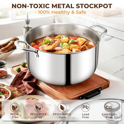 Tri-Ply Stainless Steel Stock Pot, 12 Quart Heavy Duty Induction Cooking Pot with Visible Lid for Pasta, Soup, Spaghetti, Sturdy & Double Handle, Dishwasher Safe