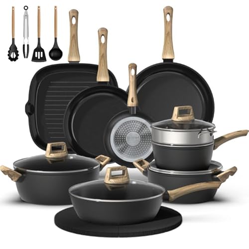 Bazova 23-Piece Pots and Pans Set Non Stick,Titanium Ceramic Cookware Set Non Toxic,Long-Lasting,PFAS Free,Induction Compatible,Complete Kitchen Set with 3 Frying Pans for All Cooking needs