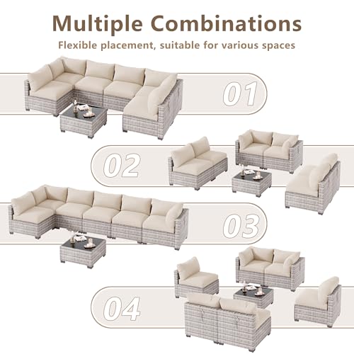 LOUVIXA 7 Piece Outdoor Patio Furniture Set, Outdoor Sectional Sofa, Wicker Rattan Patio Furniture, Patio Conversation Set with Coffee Table & Cushions