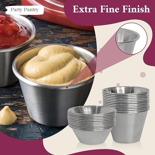 Party Pantry Stainless Steel Ramekins 24 Pack (1.5oz & 2.5oz) – Metal Dipping Sauce Cups, Condiment Cups, Small Metal Ramekins for Sauce, Ketchup, BBQ, Soy Sauce – Stackable Restaurant Portion Cups