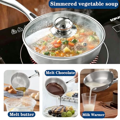 1 Quart Saucepan with Lid, 7Inch Mini Saucepan for 1 Person, Stainless Steel Saucier Pan Small Pot for Milk, Oatmeal & Noodles, 900ML