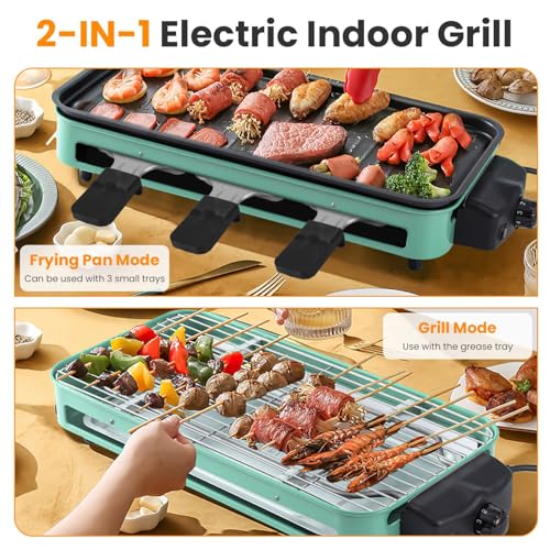 TeqHome 1500W Electric Indoor Grill,2 in 1 Smokeless Raclette Table Grill for Kitchen,Barbecue Korean BBQ Grill with Grill Net,Non-Stick Cooking Removable Plate & 5 Temperature Control，Dishwasher Safe
