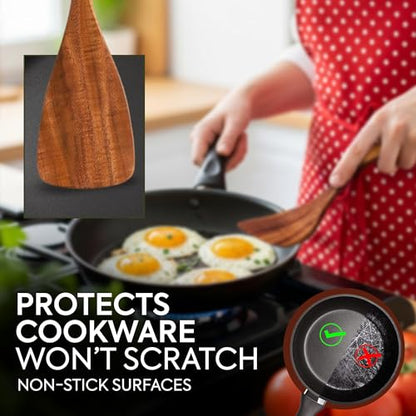 Wooden Spatula for Cooking, Teak Wood Spatula for non stick frying pan With Long Handle - Wooden Pancake Spurtle Non-Stick Cooking Utensils for kitchen use