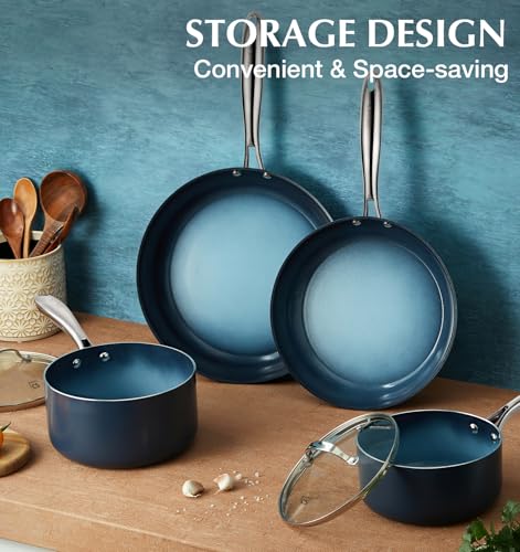 KOCH SYSTEME CS Nonstick Sauce Pan with Lid, 1 Quart Saucepan with Lid, 1 QT Nonstick Ceramic Small Sauce Pan with Stainless Steel Handle, Non-Toxic Ceramic Saucepan, Oven Safe, Gradient Blue