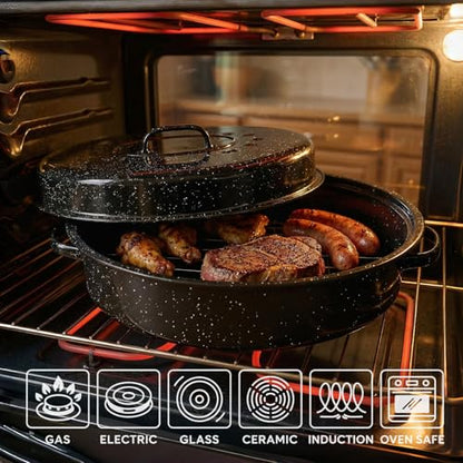 Turkey Roaster Pan 18in Roasting Pan With Lid Enamel Carbon Steel Roaster Pot with 16in Inner Diameter,18 Pound Large Capacity High Temperature Resistance Oval Cookware